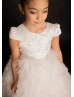 Cap Sleeves Ivory Lace Tulle Ruffled Stunning Flower Girl Dress